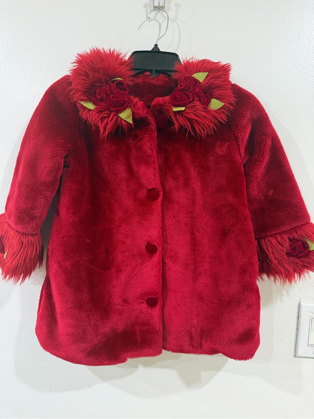 Kids Red Faux Fur Puffer Coat with Floral Accent
